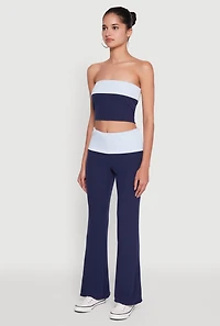 Womens Stylish Rib Knit Contrast Fold Over Cropped Tube Top, Blue, Size S