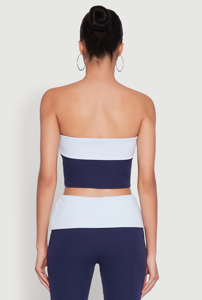 Womens Stylish Rib Knit Contrast Fold Over Cropped Tube Top, Blue, Size M