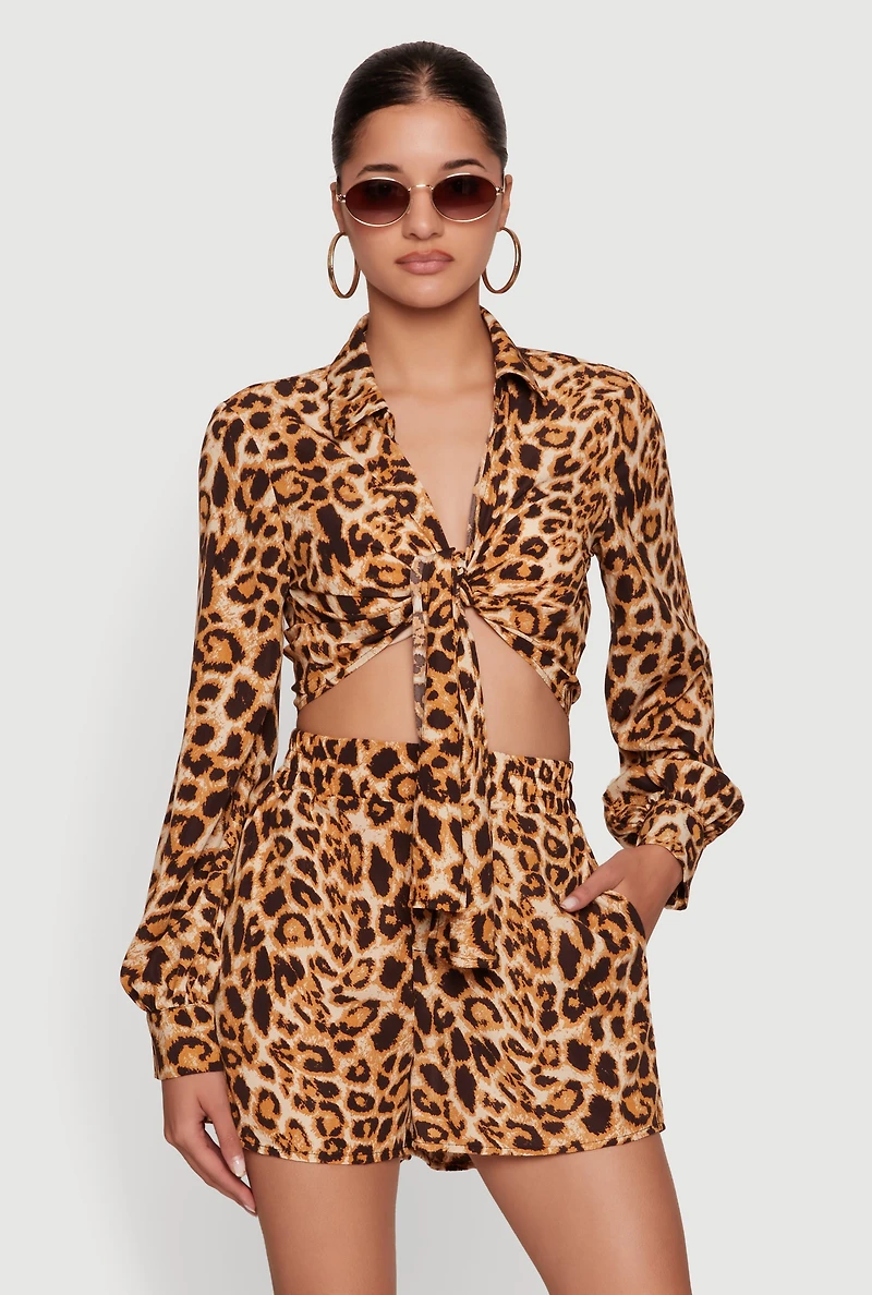 Cropped Leopard Print Tie Front Blouse