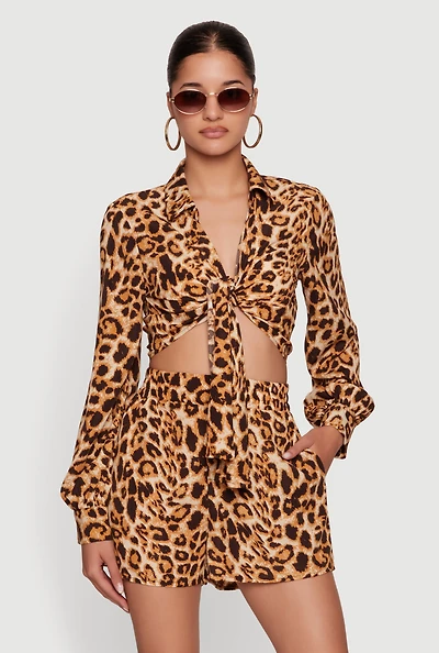 Cropped Leopard Print Tie Front Blouse