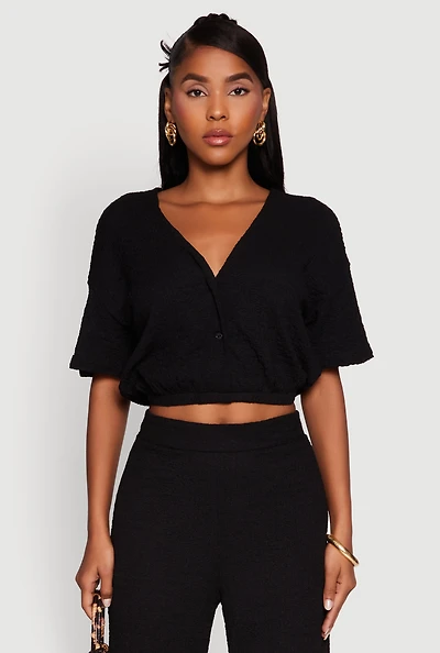 Trendy Textured Knit Button Front V-Neck Blouse