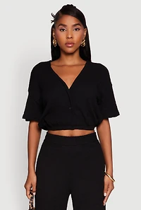 Trendy Textured Knit Button Front V-Neck Blouse