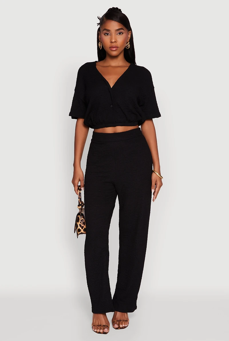 Womens Trendy Textured Knit Button Front V-Neck Blouse, Black, Size S