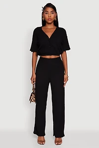 Womens Trendy Textured Knit Button Front V-Neck Blouse, Black, Size S