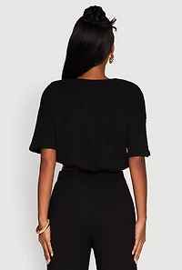 Womens Trendy Textured Knit Button Front V-Neck Blouse, Black, Size S