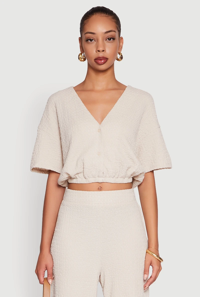 Womens Trendy Textured Knit Button Front V-Neck Blouse, Beige,
