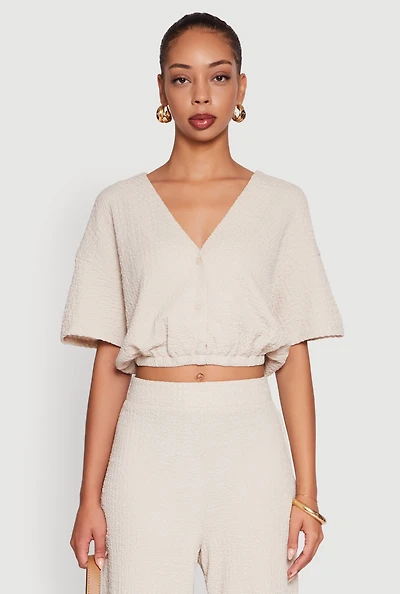 Womens Trendy Textured Knit Button Front V-Neck Blouse, Beige,