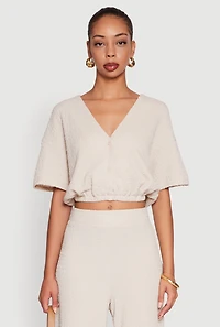 Womens Trendy Textured Knit Button Front V-Neck Blouse, Beige,