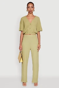 Womens Trendy Textured Knit Button Front V-Neck Blouse, Green,