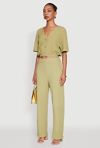 Womens Trendy Textured Knit Button Front V-Neck Blouse, Green,
