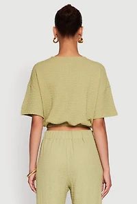 Womens Trendy Textured Knit Button Front V-Neck Blouse, Green,