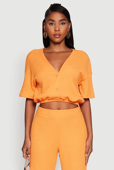 Womens Trendy Textured Knit Button Front V-Neck Blouse, Orange, Size S