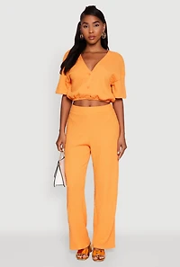 Womens Trendy Textured Knit Button Front V-Neck Blouse, Orange, Size S