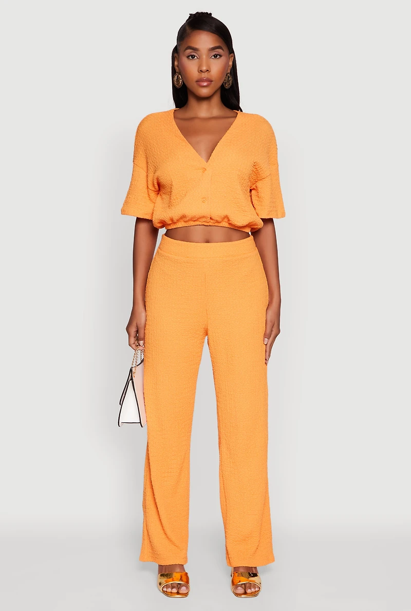 Womens Trendy Textured Knit Button Front V-Neck Blouse, Orange, Size S