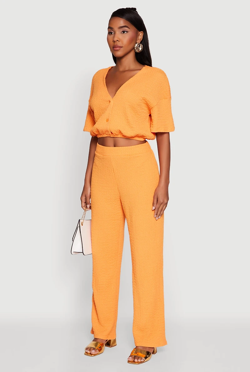 Womens Trendy Textured Knit Button Front V-Neck Blouse, Orange, Size S