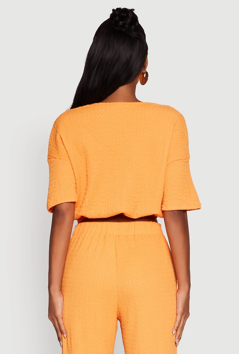 Womens Trendy Textured Knit Button Front V-Neck Blouse, Orange, Size S
