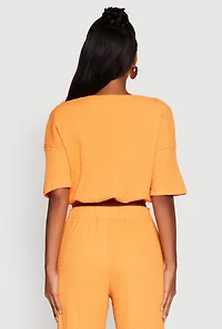Womens Trendy Textured Knit Button Front V-Neck Blouse, Orange, Size S