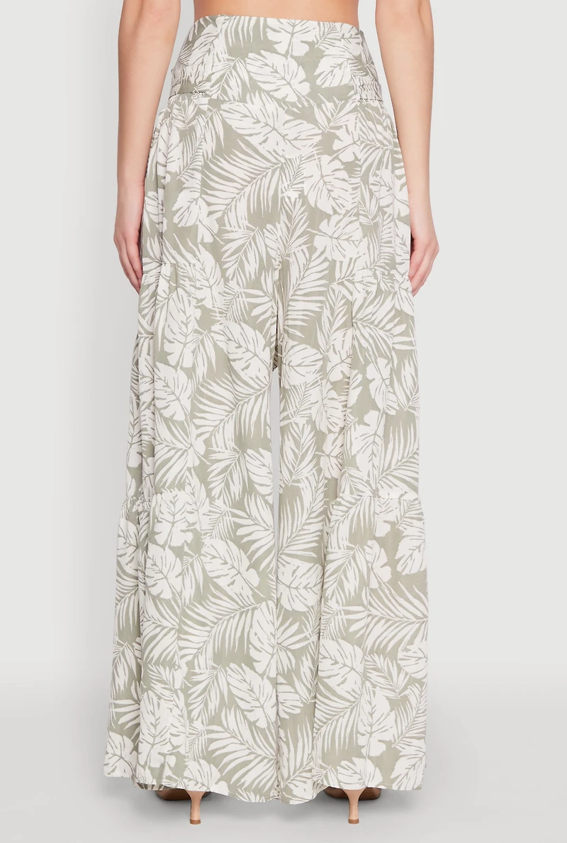 Womens Airy Tie Front Tiered Leg Palazzo Pants, Green,