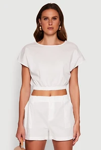 Womens Chic Button Back Keyhole Cropped Blouse, White,