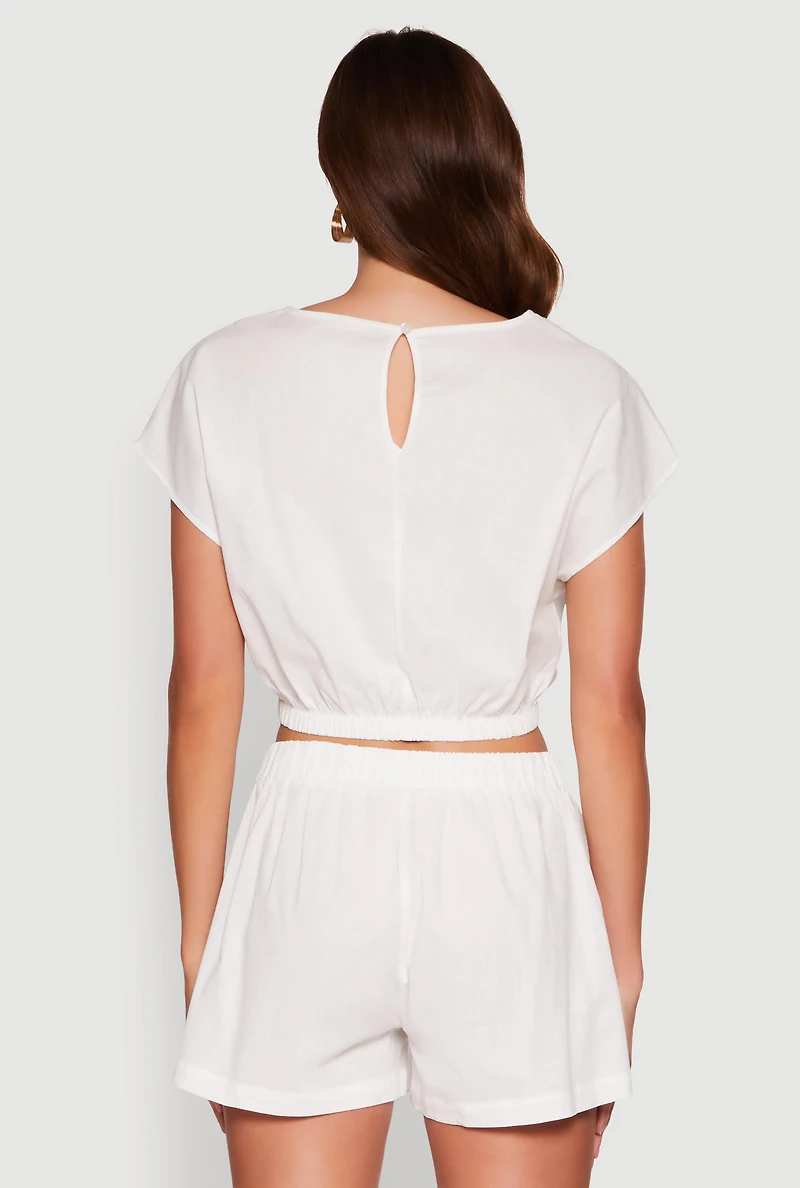 Womens Chic Button Back Keyhole Cropped Blouse, White,
