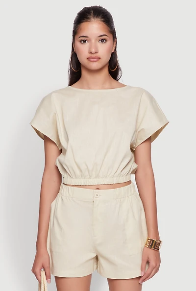Womens Chic Button Back Keyhole Cropped Blouse, Beige, Size L