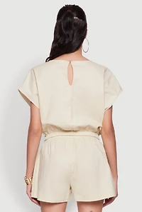 Womens Chic Button Back Keyhole Cropped Blouse, Beige, Size L