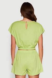 Womens Chic Button Back Keyhole Cropped Blouse,