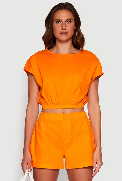 Womens Chic Button Back Keyhole Cropped Blouse, Orange, Size M