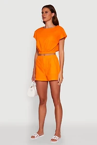 Womens Chic Button Back Keyhole Cropped Blouse, Orange, Size M