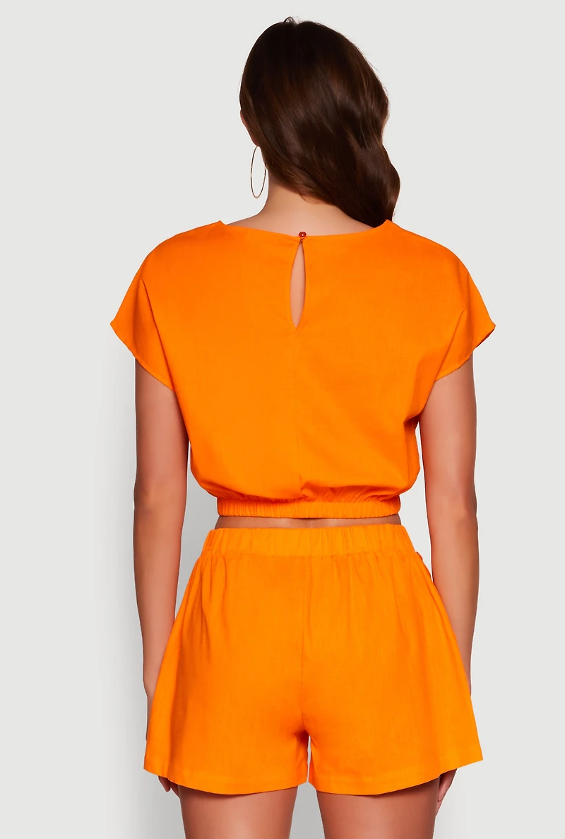 Womens Chic Button Back Keyhole Cropped Blouse, Orange, Size M