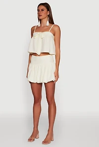 Womens Trendy Square Neck Sleeveless Cropped Tie Front Top, Beige, Size L
