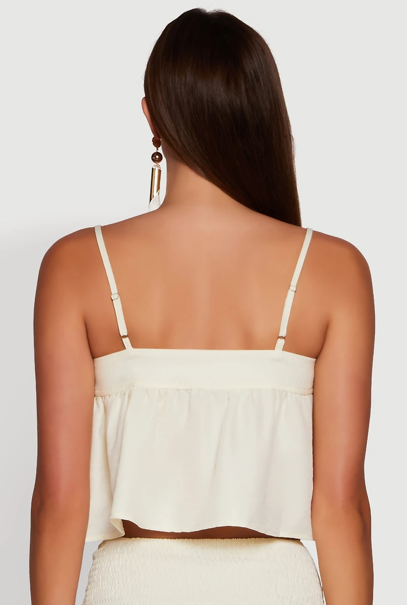 Womens Trendy Square Neck Sleeveless Cropped Tie Front Top, Beige, Size L
