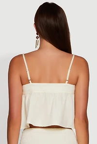Womens Trendy Square Neck Sleeveless Cropped Tie Front Top, Beige, Size L