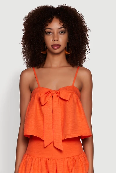 Womens Trendy Square Neck Sleeveless Cropped Tie Front Top, Orange, Size M