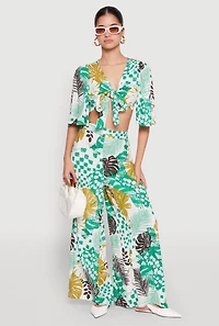 Womens Tropical Print Quarter Sleeve Tie Front Top, Multi,
