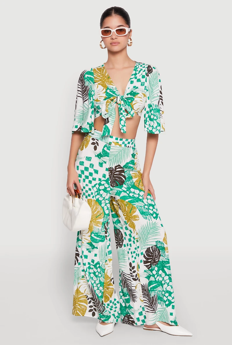 Womens Tropical Print Quarter Sleeve Tie Front Top, Multi,