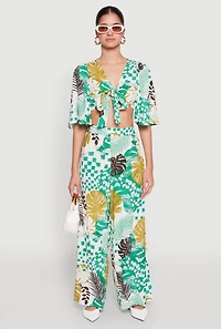Womens Tropical Print Quarter Sleeve Tie Front Top, Multi,