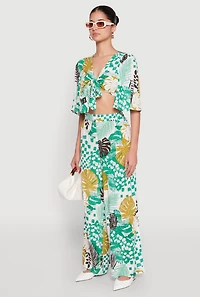 Womens Tropical Print Quarter Sleeve Tie Front Top, Multi,