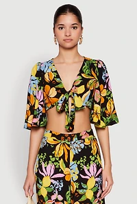Floral Flutter Sleeve Tie Front Crop Top