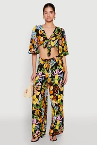 Womens Floral Flutter Sleeve Tie Front Crop Top, Multi,