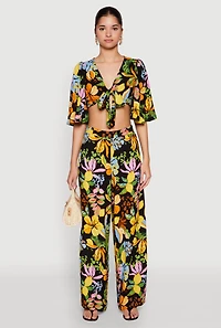 Womens Floral Flutter Sleeve Tie Front Crop Top, Multi,