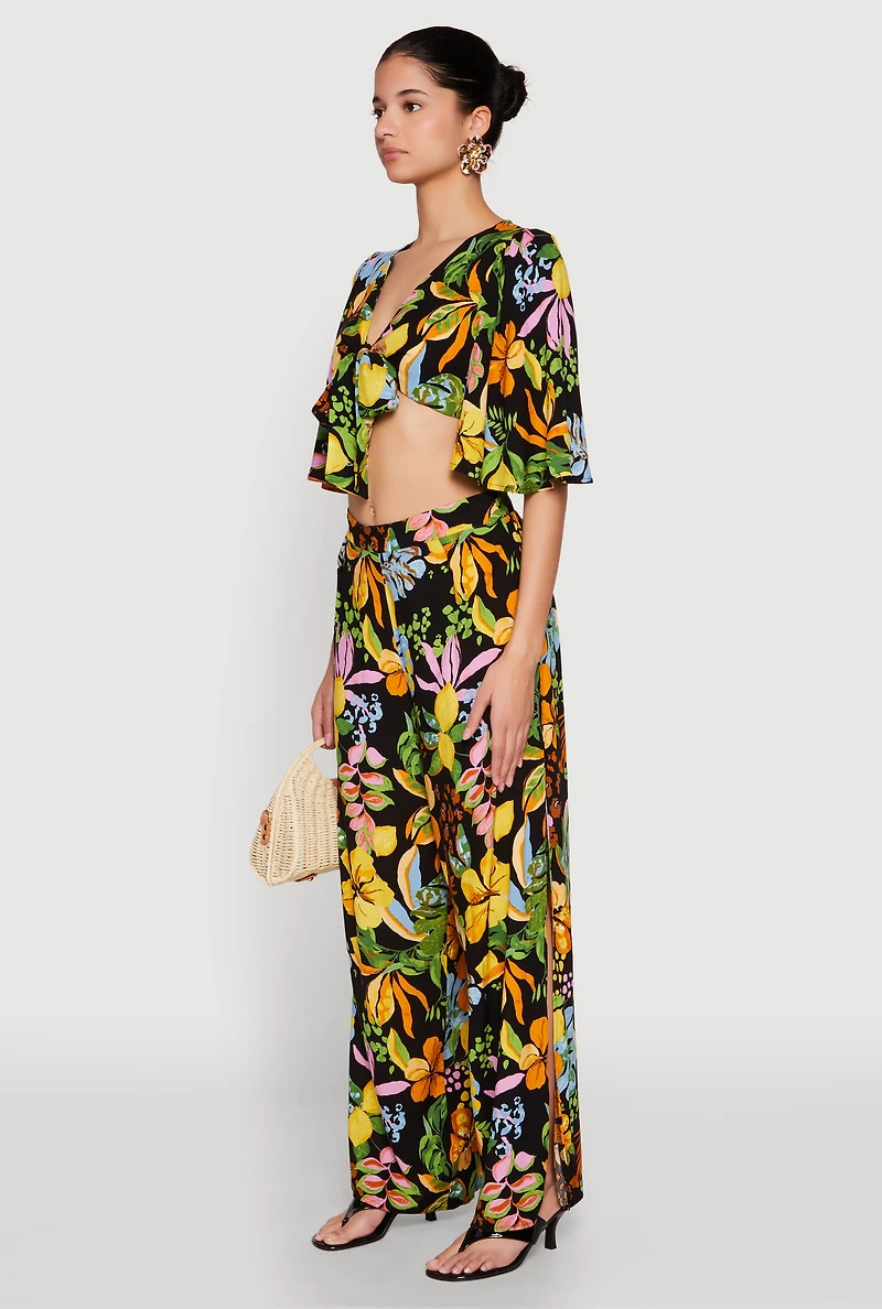 Womens Floral Flutter Sleeve Tie Front Crop Top, Multi,