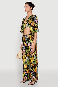 Womens Floral Flutter Sleeve Tie Front Crop Top, Multi,