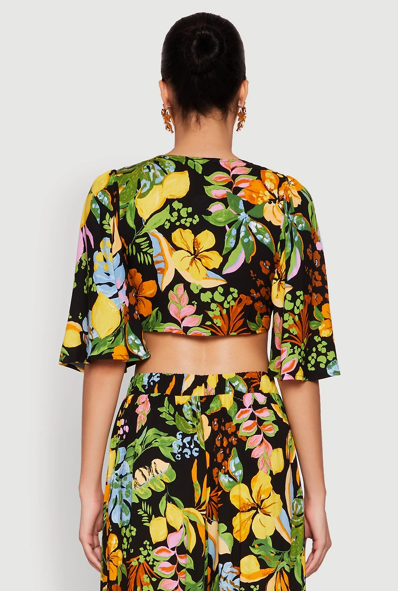 Womens Floral Flutter Sleeve Tie Front Crop Top, Multi,