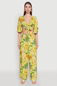 Womens Floral Flutter Sleeve Tie Front Crop Top, Multi, Size M