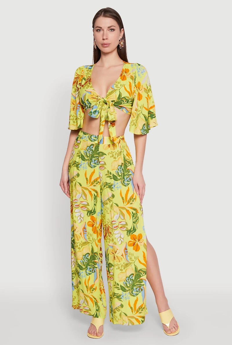 Womens Floral Flutter Sleeve Tie Front Crop Top, Multi,