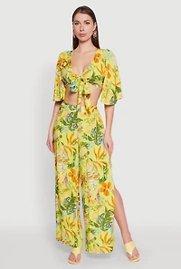 Floral Flutter Sleeve Tie Front Crop Top