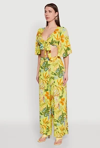 Womens Floral Flutter Sleeve Tie Front Crop Top, Multi, Size M
