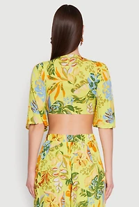 Womens Floral Flutter Sleeve Tie Front Crop Top, Multi, Size M