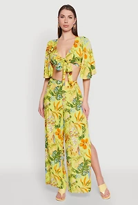 Womens Printed Pattern Wide Leg Palazzo Pants, Yellow, Size M